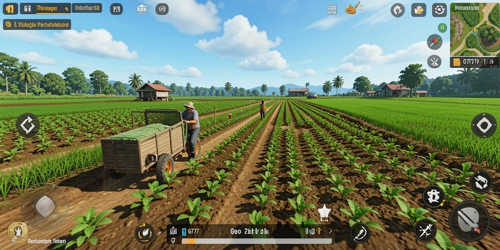 Screenshot gameplay GT777 yang menampilkan kebun yang indah dan penuh tanaman.