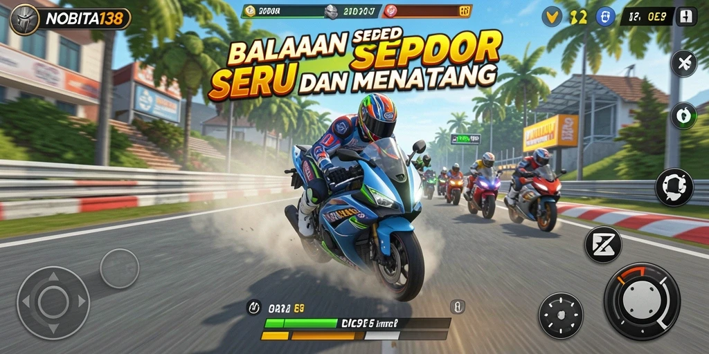Tampilan seru gameplay balapan motor NOBITA138 yang mengesankan.