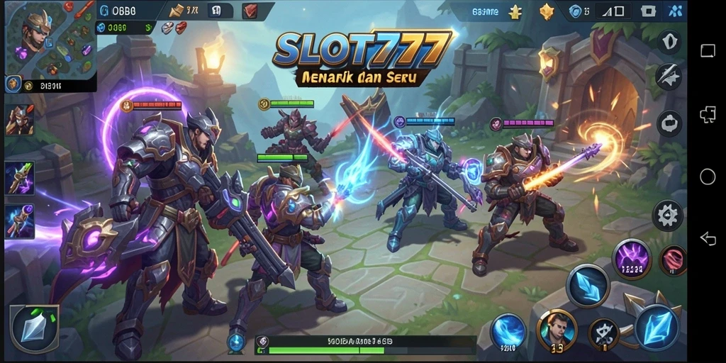 Screenshot permainan <strong>SLOT777</strong> menampilkan aksi pertarungan tim yang intens.